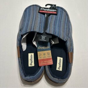 Dearfoams Men’s Memory Foam Blue Strip Comfort  Slippers Size Large 11-12 NWT